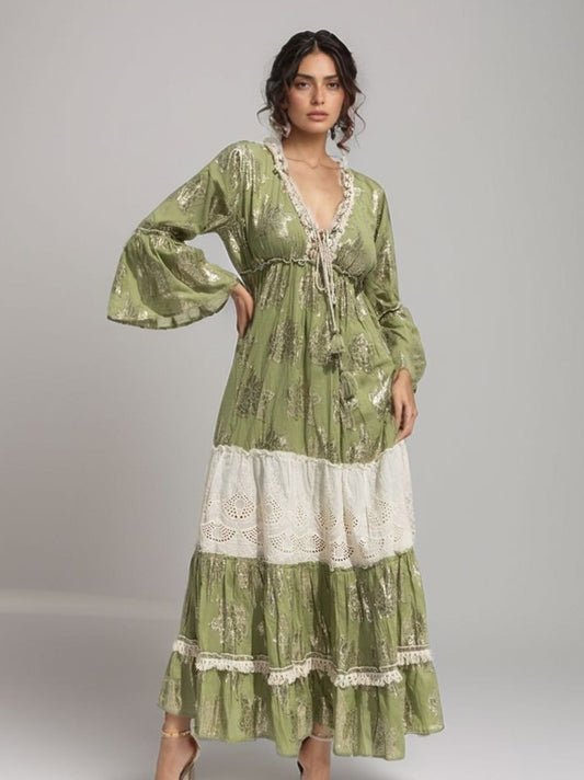 Vestido longo bordado gold pistache