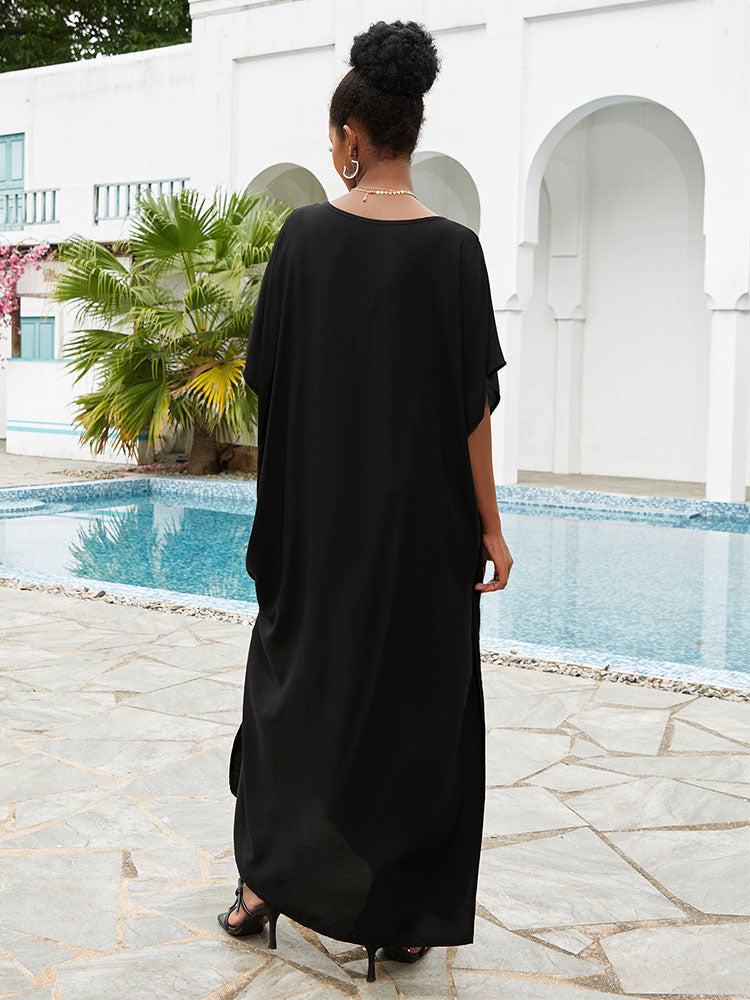 Kaftan preto bordado pássaros