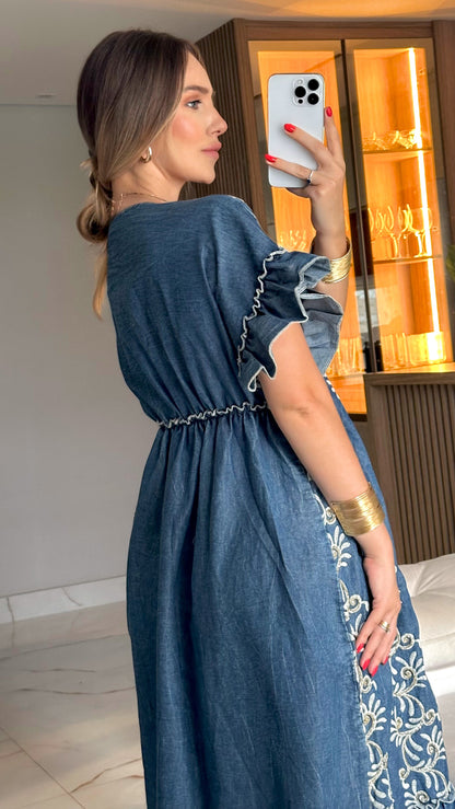 Vestido longo jeans bordado