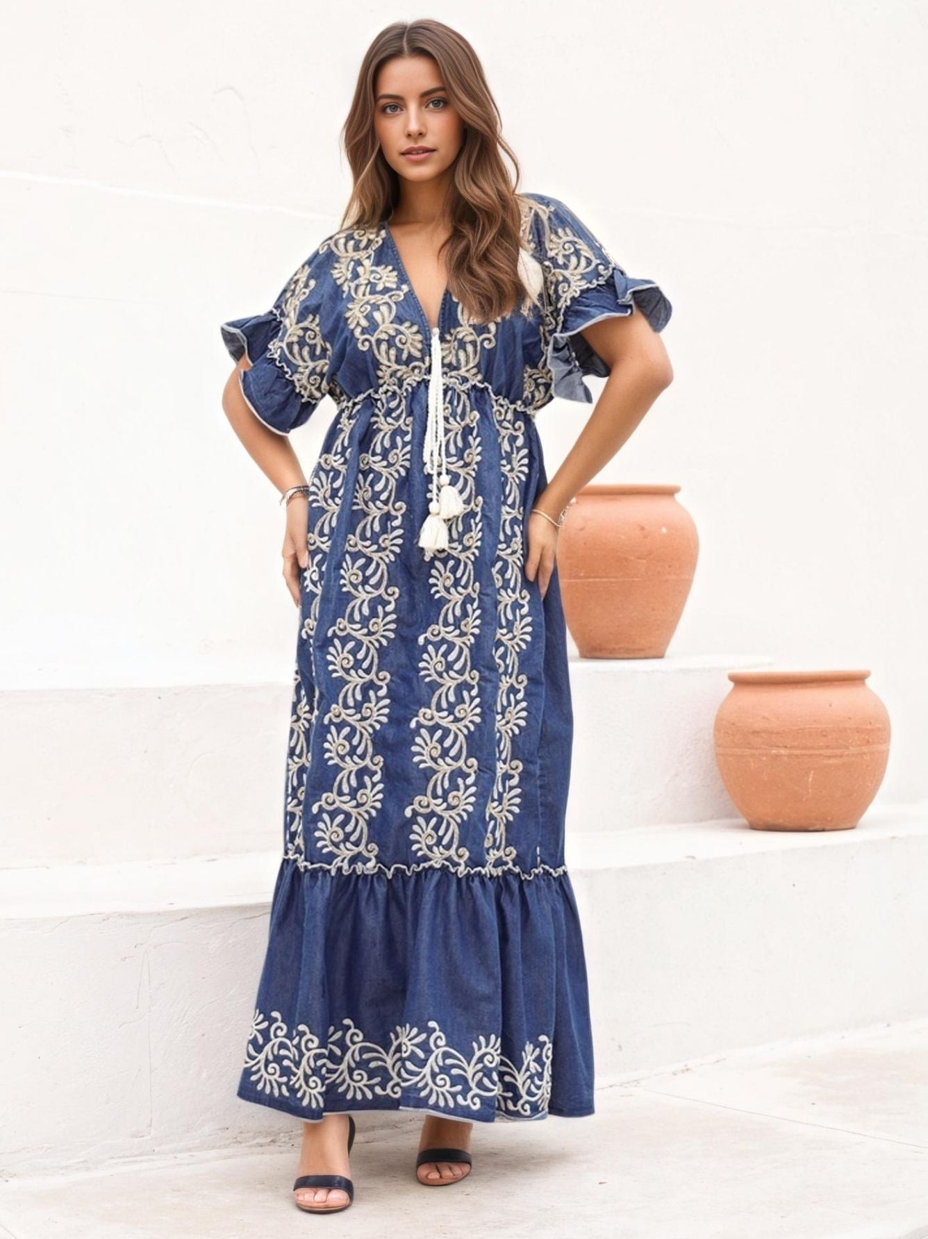 Vestido longo jeans bordado