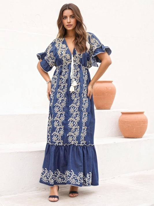 Vestido longo jeans bordado