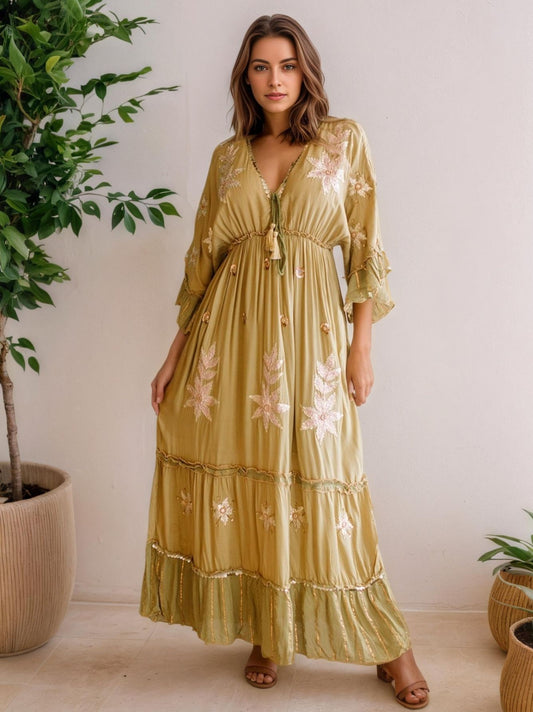 Vestido longo bordado flores