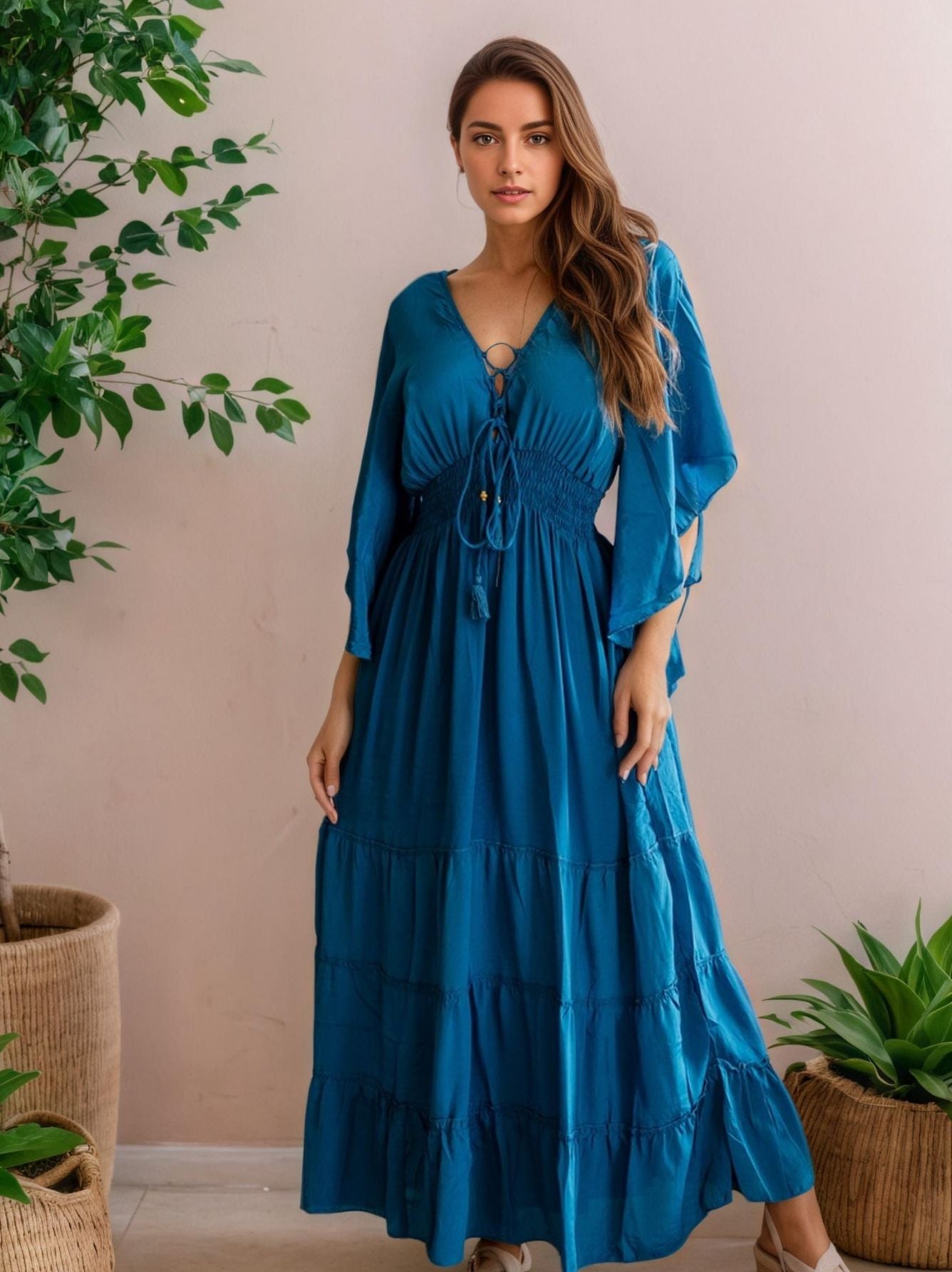 Vestido seda liso longo manga morcego