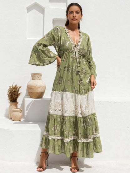 Vestido longo bordado gold pistache