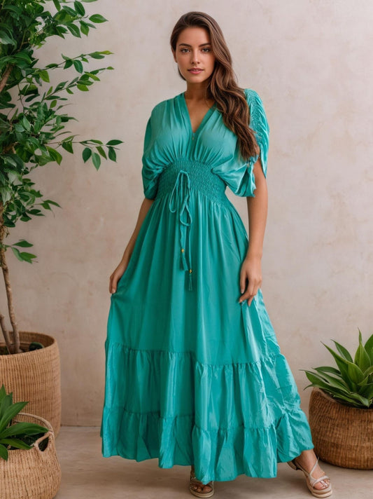 Vestido seda liso longo elastex com manga