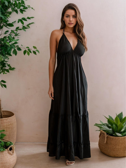 Vestido seda liso longo decote nas costas