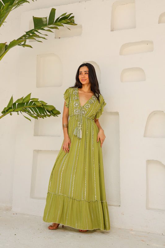 Vestido Longo Pistache com Bordado Floral