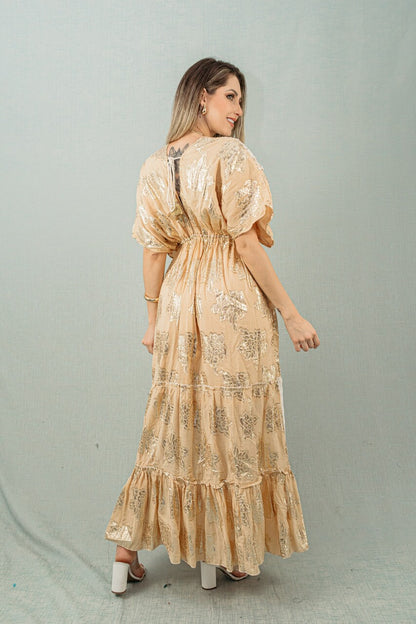 Vestido longo bordado com detalhe em lese Outlet