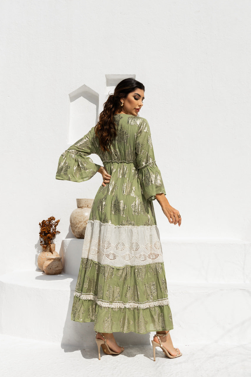 Vestido longo bordado gold pistache