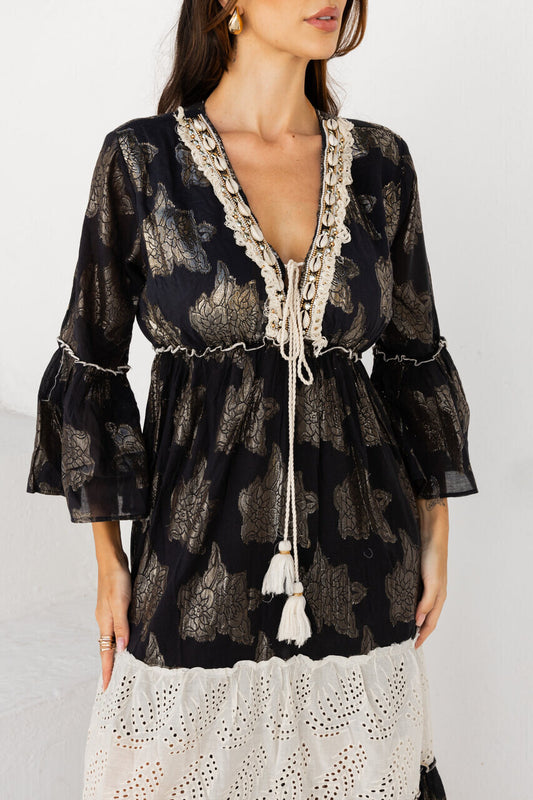 Vestido longo bordado gold