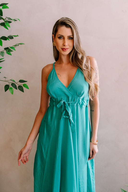 Vestido seda liso longo alça