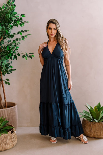 Vestido seda liso longo Outlet