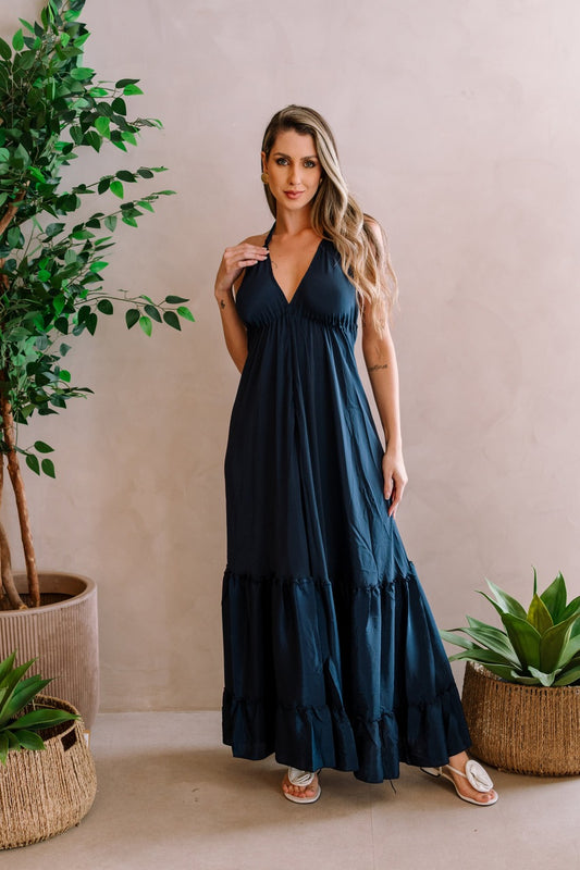 Vestido seda liso longo Outlet