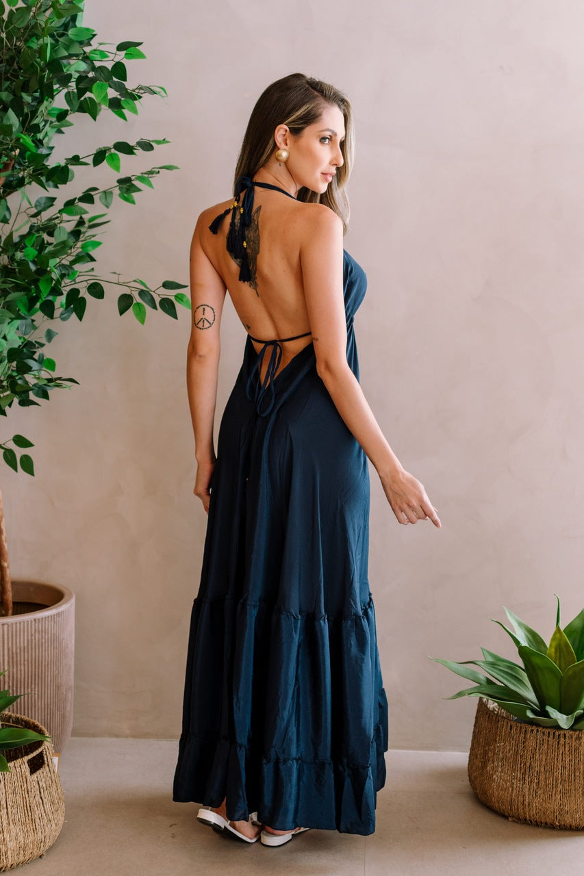 Vestido seda liso longo Outlet