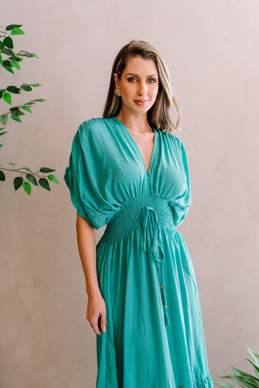 Vestido seda liso longo elastex com manga outlet