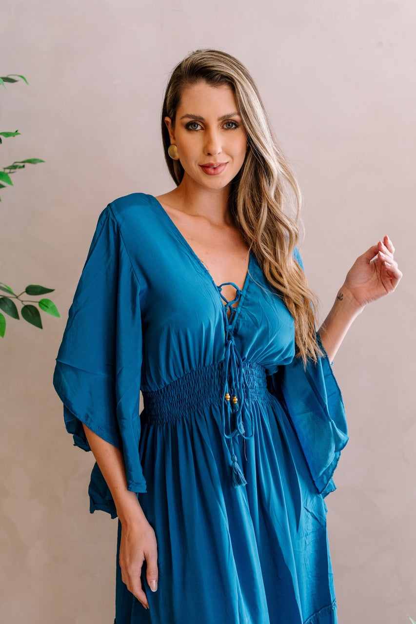 Vestido seda liso longo manga morcego