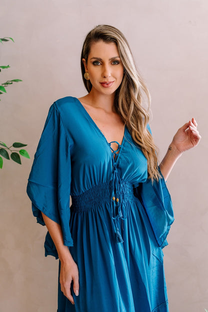 Vestido seda liso longo manga morcego
